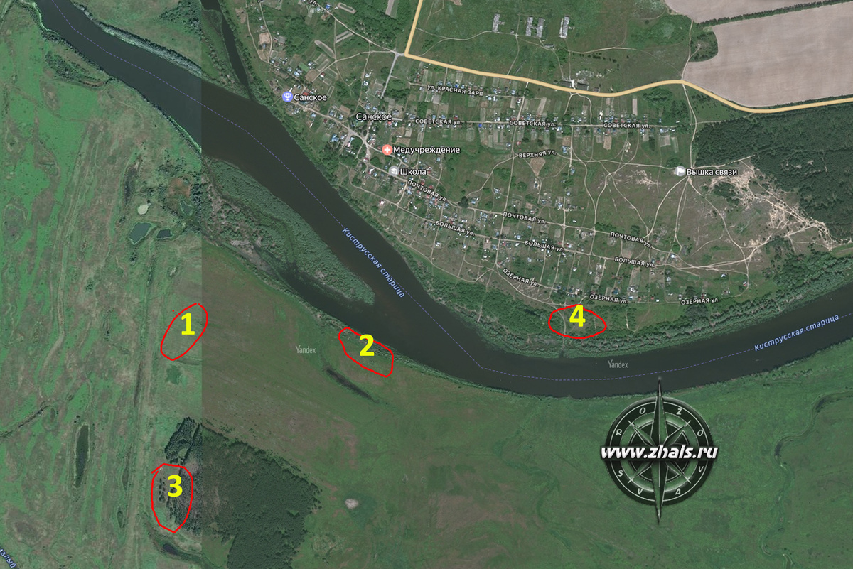 1 - поселение Санское (мезолит, неолит, эпоха бронзы, XI-XIII вв.); 2 - селище Санское 1 (XIII-XV вв.); 3 - селище Санское 2 (XI-XIII вв.); 4 - селище Санское 3 (XI-XIII вв.)