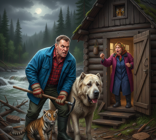Старый пес спас тигренка из ледяной реки— а ночью к избе пришла мать: «Она тебе всю заимку раскатает!»
