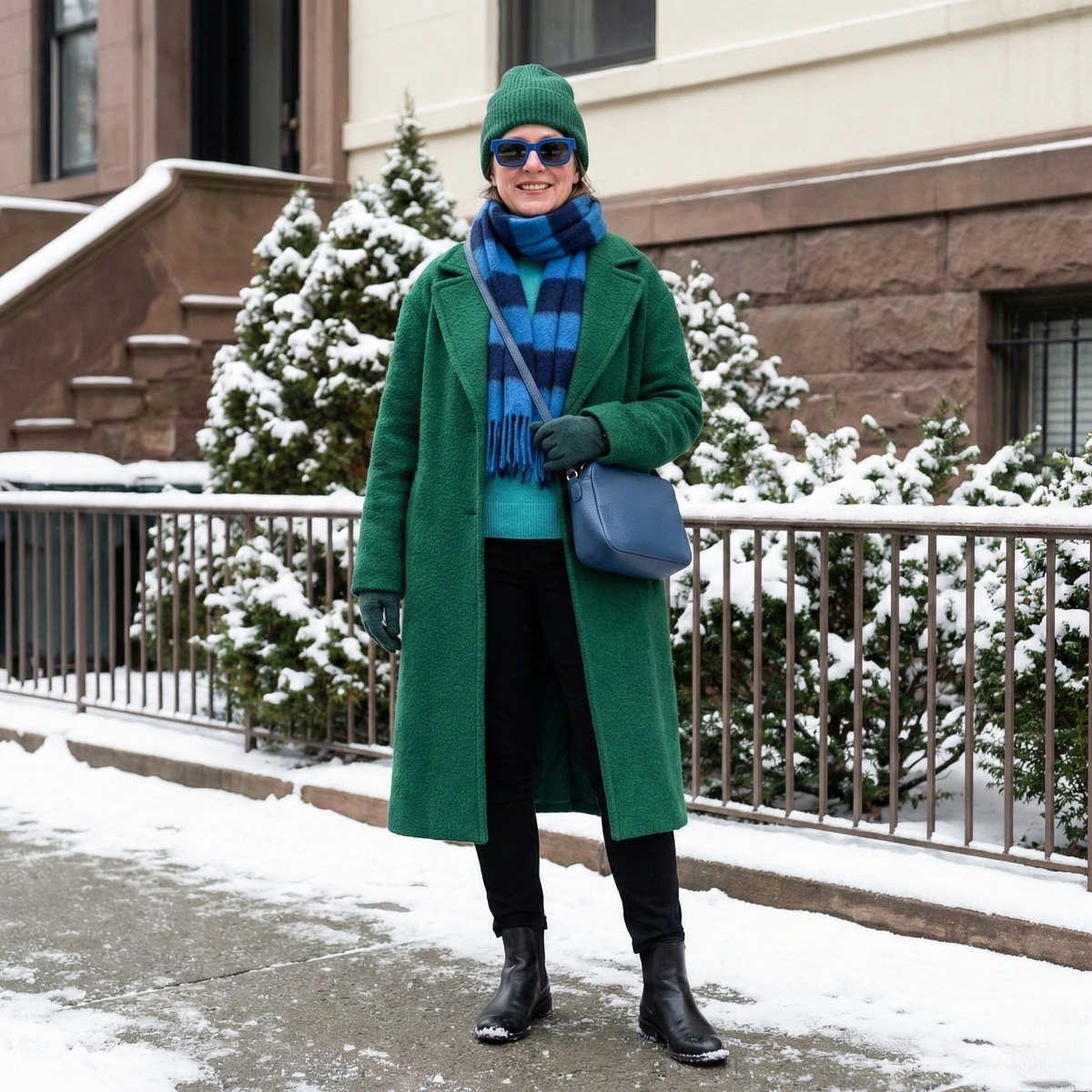Длинное изумрудное пальто и синие аксессуары.