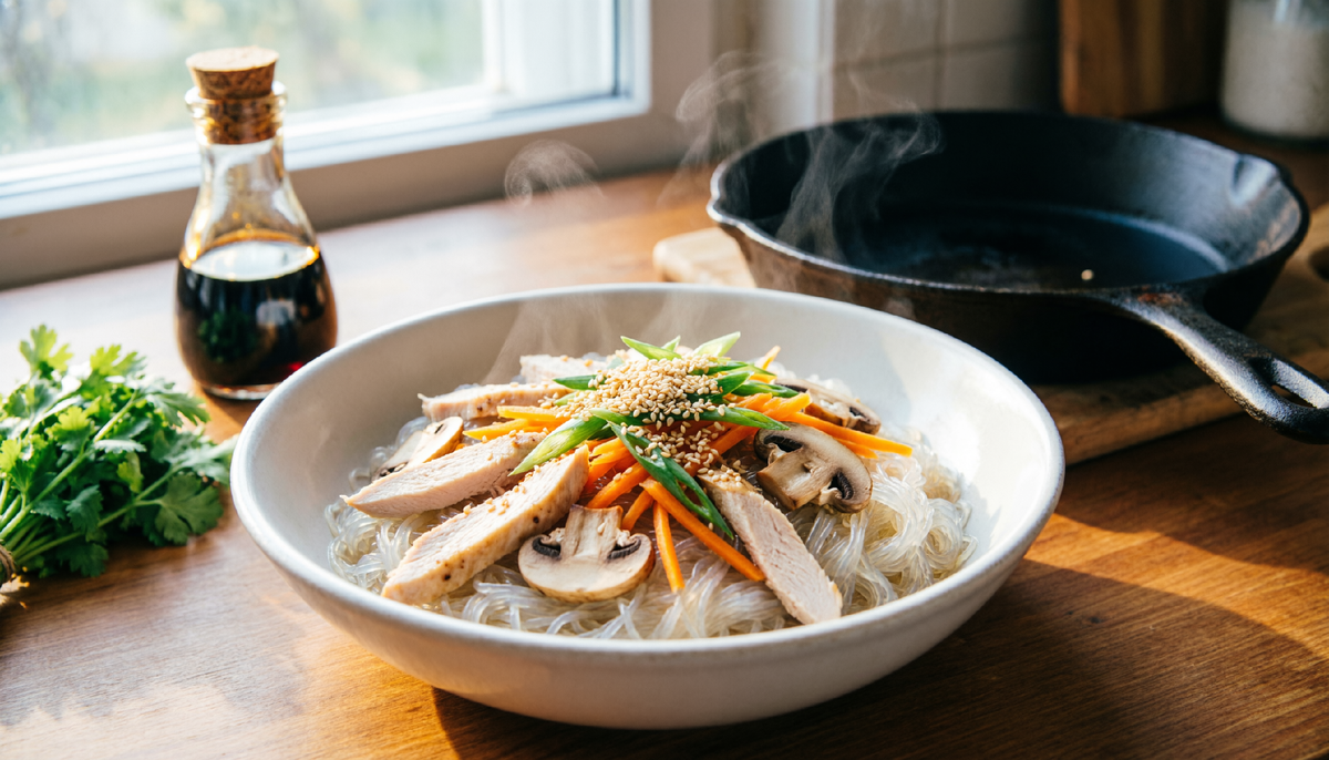 🍜 Корейская острая лапша “Джапчже” по-ростовски: вместо говядины — курица, вместо шиитаке — шампиньоны. 