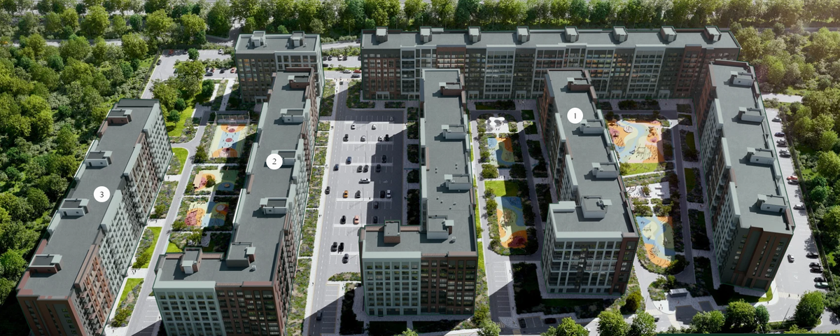 Генплан ЖК. Но почему то без 4 и 5 корпусов. Рендер с сайта застройщика