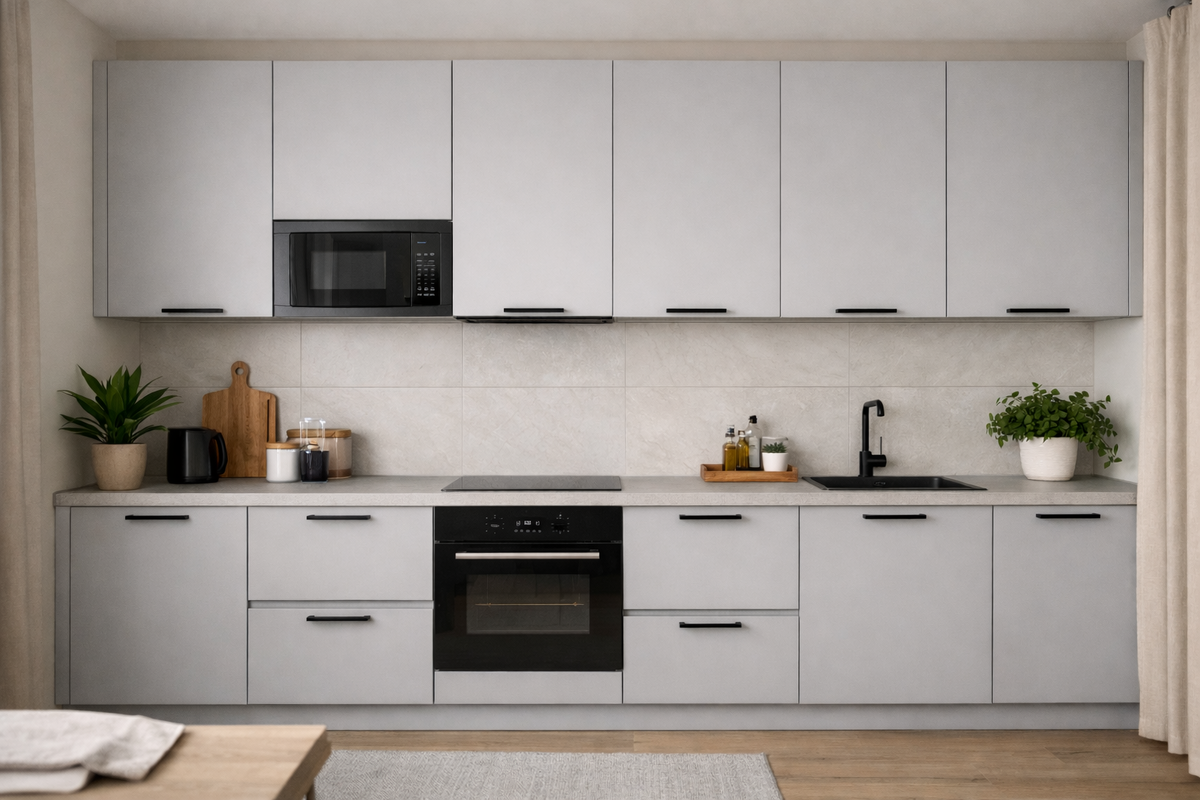 Современная кухня из ЛДСП в светло-сером минималистичном исполнении с лаконичными фасадами