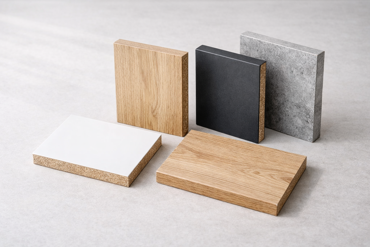 Образцы ЛДСП с разными декорами — от белого матового до текстуры натурального дерева и бетона