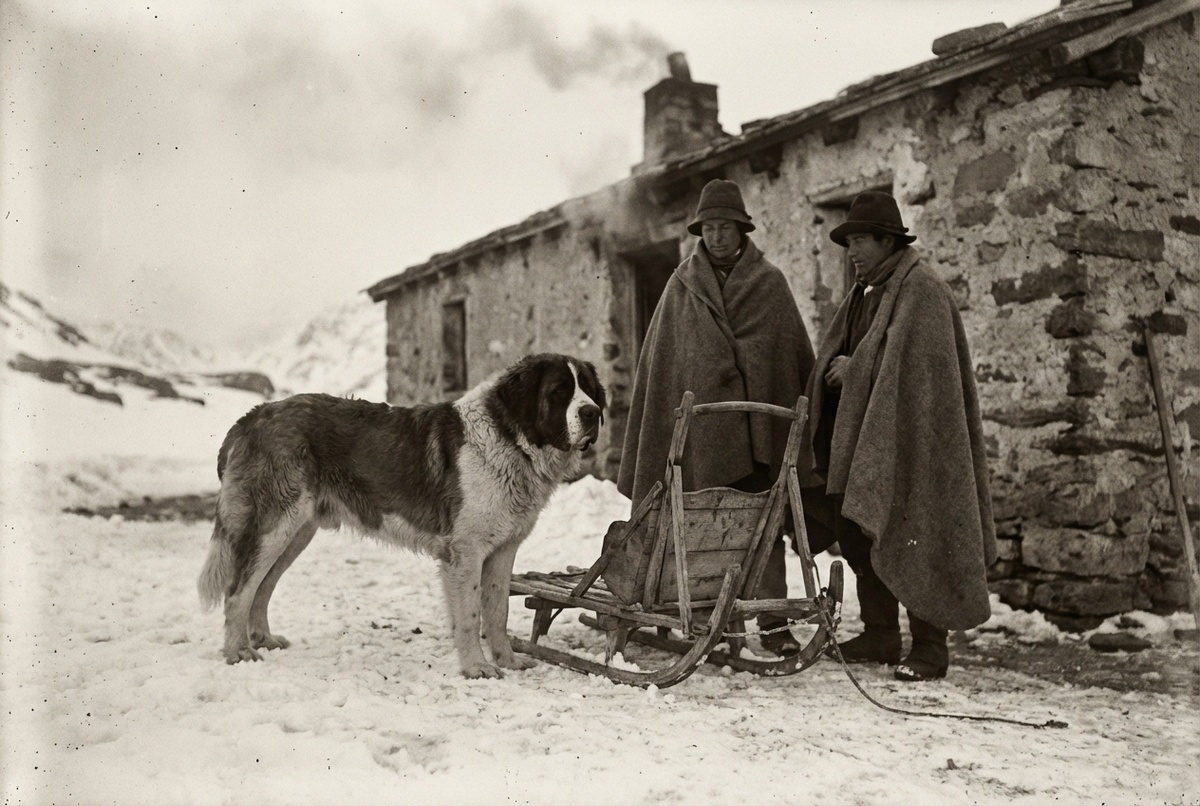 сенбернар на заснеженном горном перевале — спасательная собака XIX века