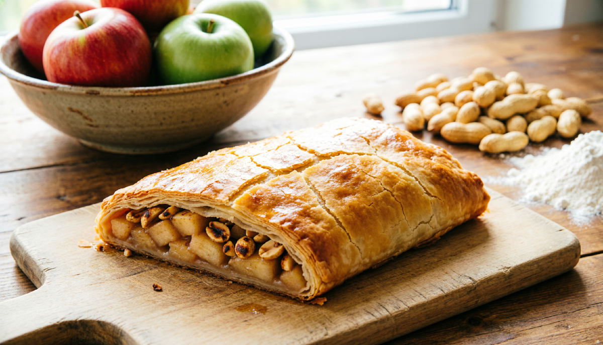🥧 Австрийский яблочно-ореховый штрудель по-петербургски: вместо слоёного теста — дрожжевое, вместо грецких орехов — арахис. 