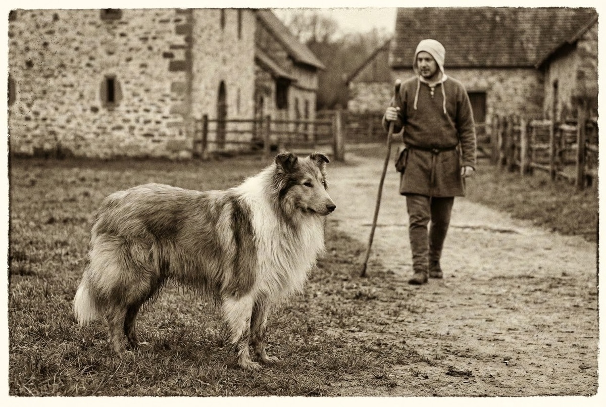 колли на фоне американской фермы — начало XX века