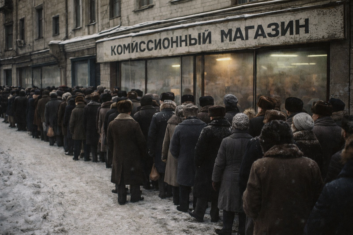 Очередь у входа в советский комиссионный магазин, 1980-е годы