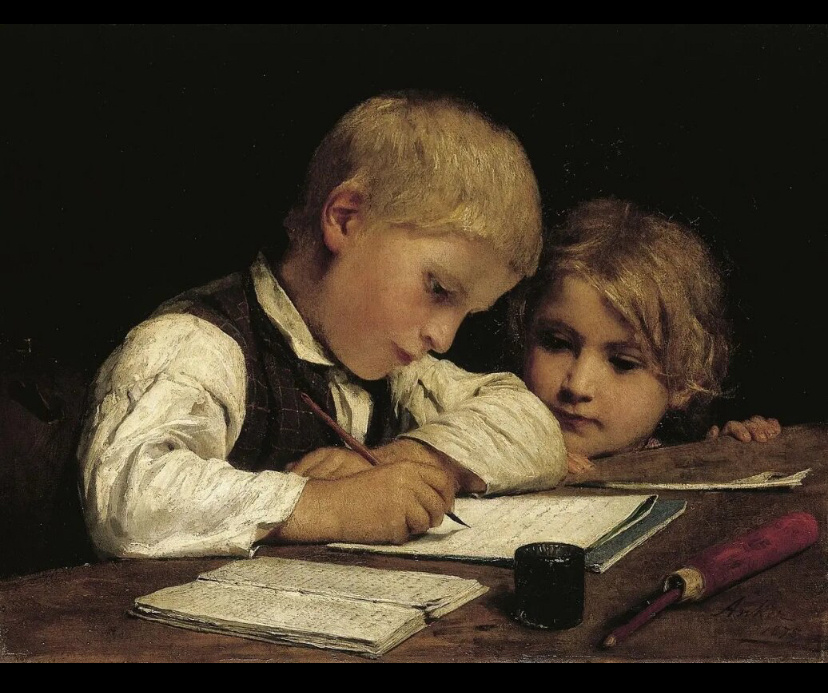 Альберт Анкер. «Пишущий мальчик с сестрой», 1875 Год