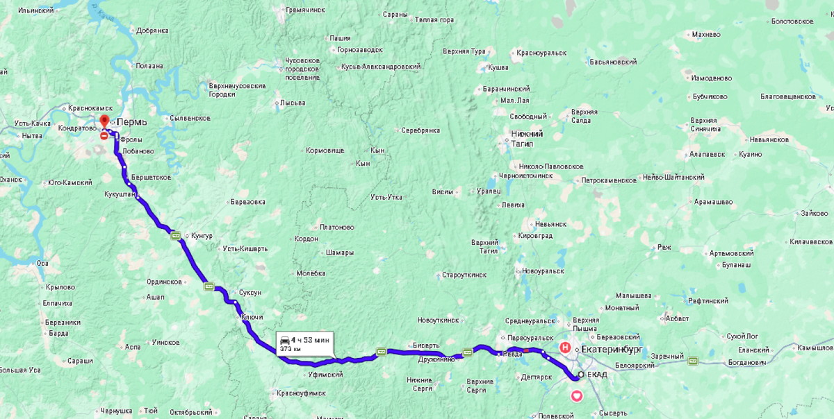 Расстояние маршрута: 373 км. Время в пути: 4 ч 53 мин.