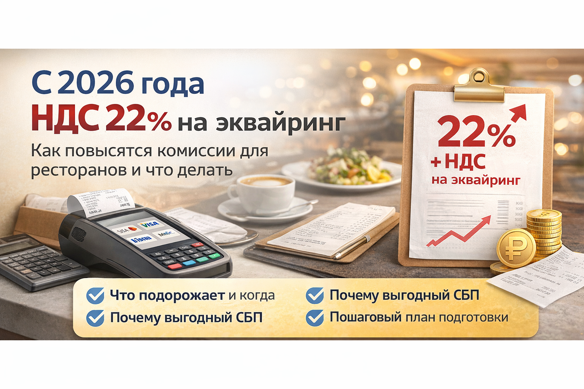 НДС 22% эквайринг 2026, эквайринг НДС 2026, комиссия эквайринга с НДС, НДС на эквайринг для ресторанов, СБП для ресторана, оплата по СБП QR ресторан, СБП или эквайринг что выгоднее, оплата картой подорожает 2026, как снизить комиссии за эквайринг, платежная стратегия ресторана, комиссии банка для ресторана, онлайн-оплата доставка еды, прием платежей ресторан 2026