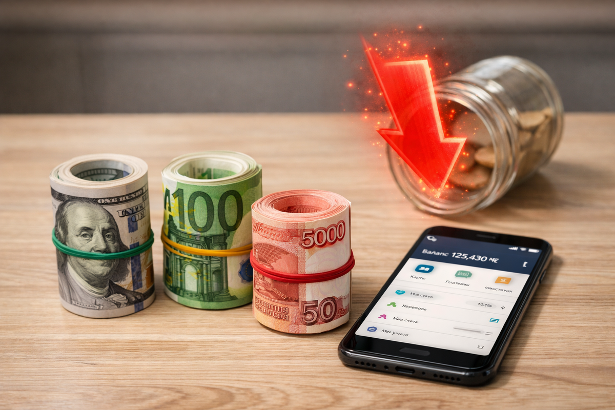 Финансовая подушка безопасности на фоне гаджетов и наличных, символ защиты от инфляции.