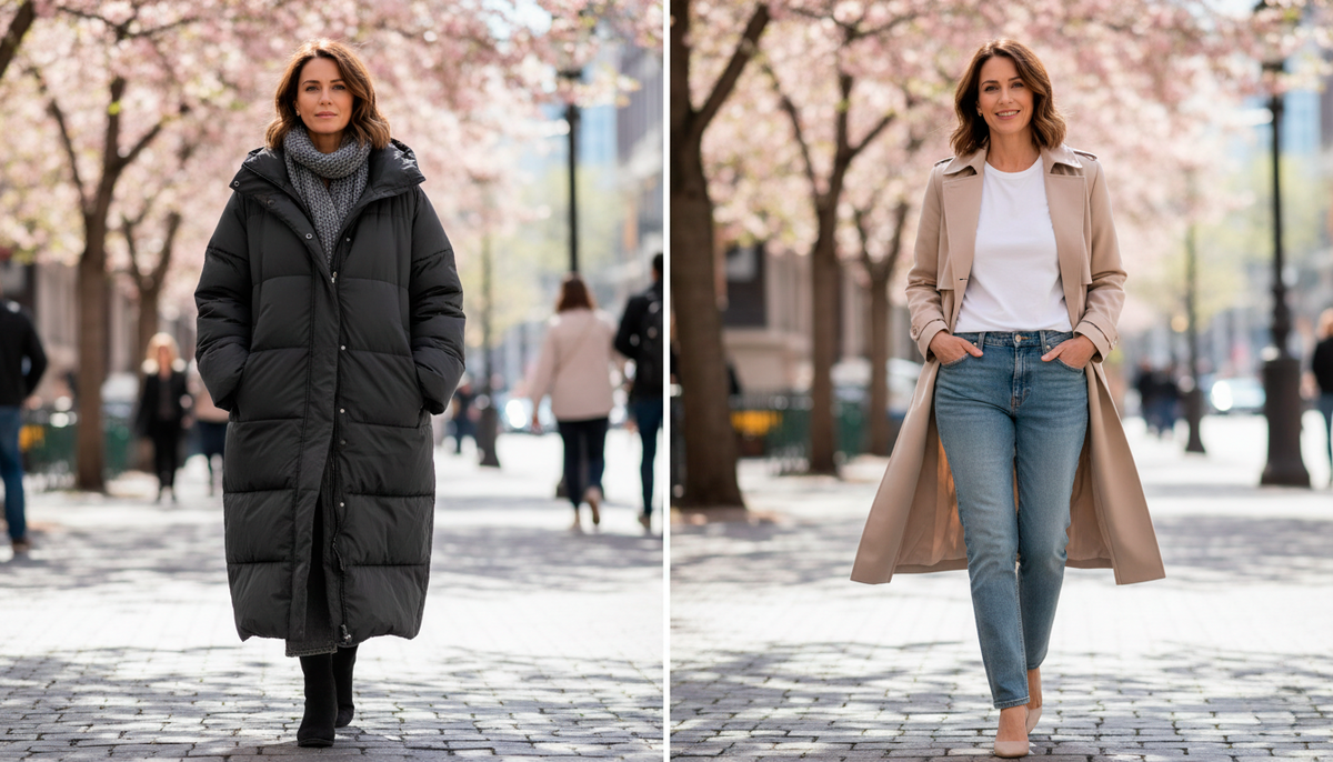 Один и тот же человек. Одна и та же погода. Плюс пять. Слева январь в марте. Справа весна.