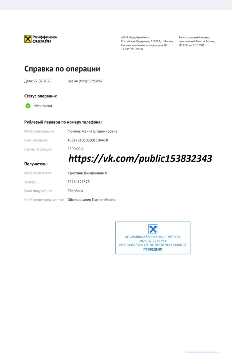 Чек от 27.02.2026 на сумму 5800 руб. за анализы на ВИК/Лейкоз/Кальцивироз в клинике Честер Пантелеймону.