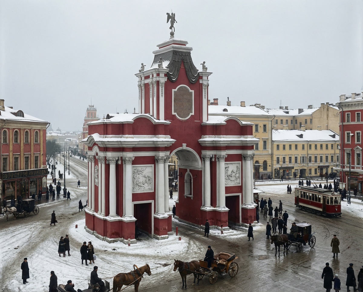 Триумфальная арка Красные ворота - построены Петром I в честь победы в Полтавской битве. Снесены в 1927 году