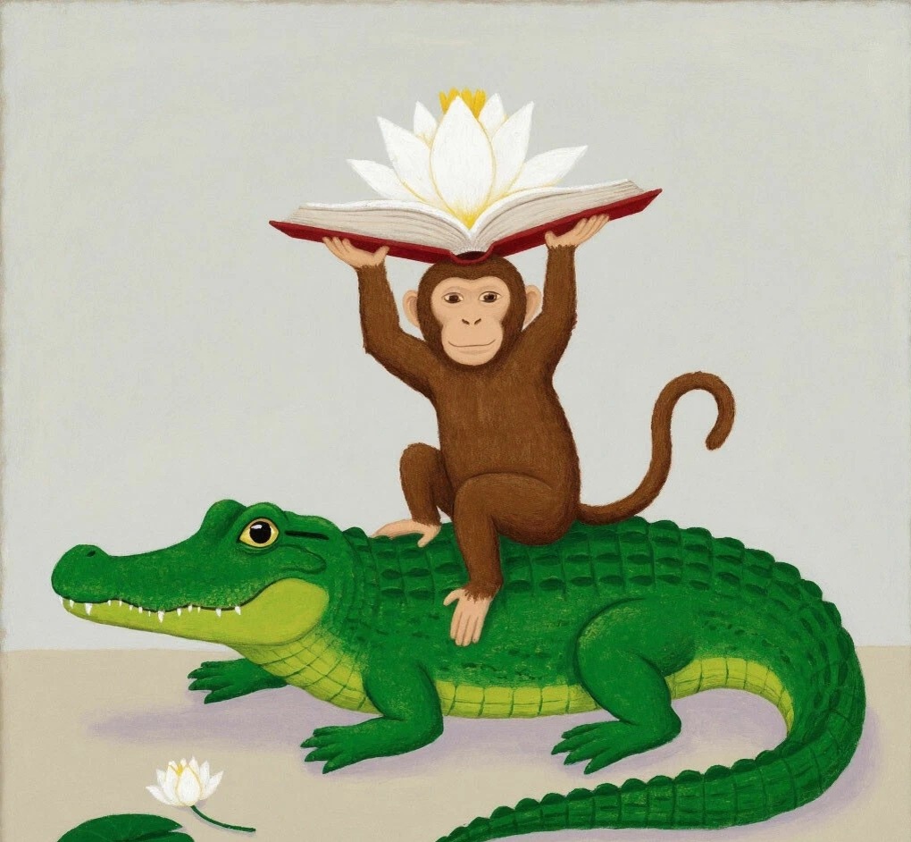Три слоя мозга: инстинктивная часть (крокодил), эмоциональная (обезьяна) и большие полушария (книга).                            Лотос - сверхсознание.                                    Генерация Шедеврума. 