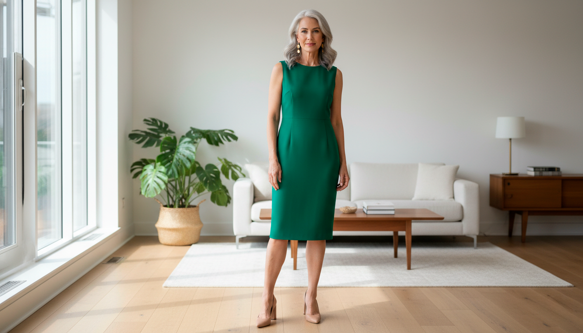 Платье-футляр из плотного крепа в изумрудном цвете. Сидит свободно, не в обтяжку, длина ниже колена.