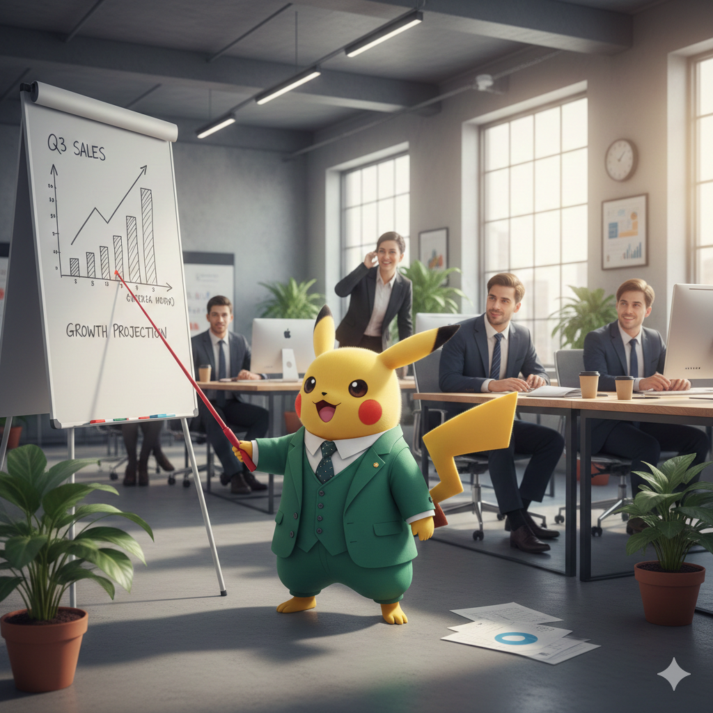 Покемон Пикачу поясняет график своим коллегам.