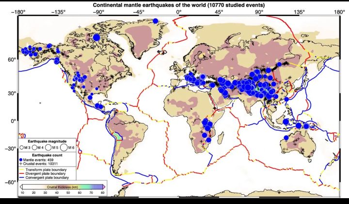 Карта, на которой показаны землетрясения в континентальной мантии по всему миру.