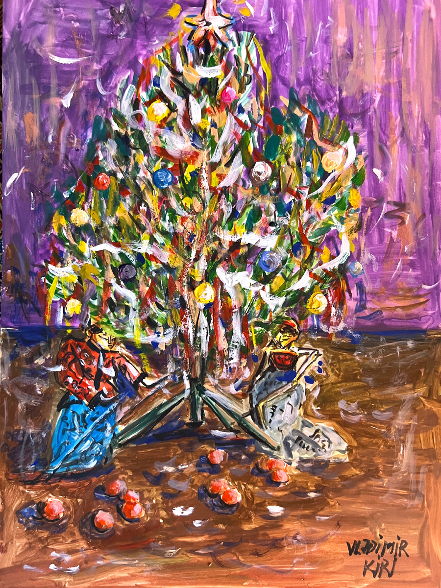 "Ваянг голек под новогодней елкой, гуашь на бумаге А4, 2022.