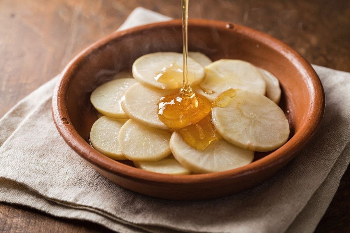 Пареная репа, нарезанная дольками, политая мёдом