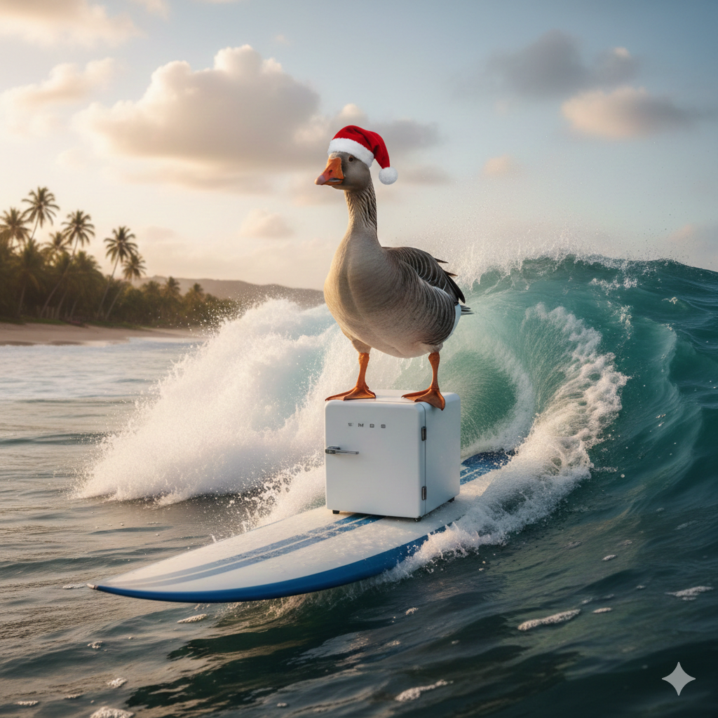 Гусь стоит на холодильнике на доске для сёрфа и сёрфит, по нему не видно, но он довольный.