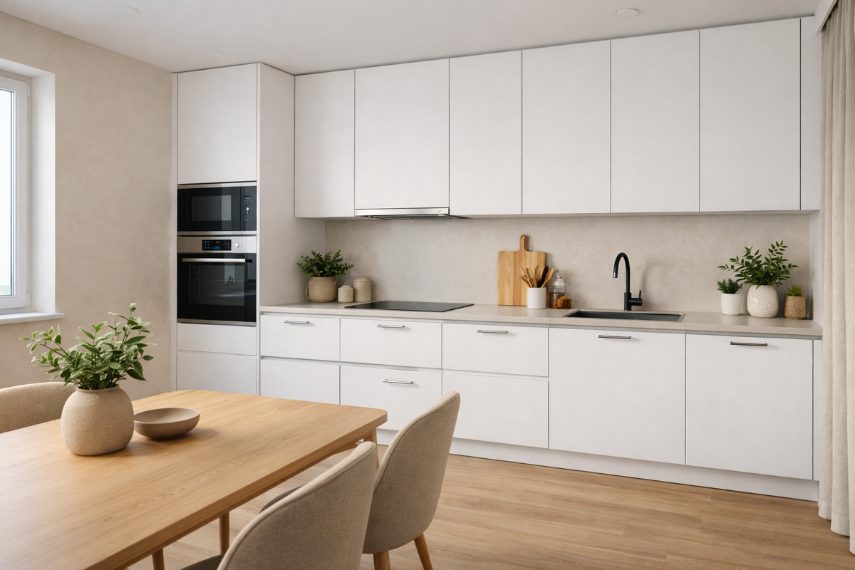 Современная минималистичная кухня с четкой геометрией и светлым полом