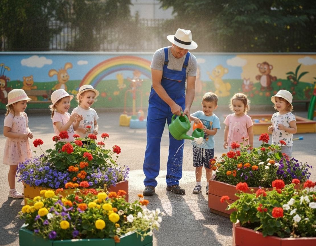 Любимое занятие Валерия Ивановича и детей летом - ухаживать за клумбами.