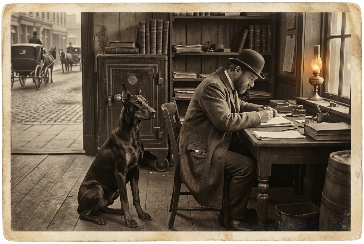 доберман в рабочей стойке на фоне немецкого города начала XX века