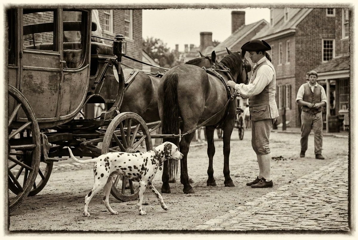 далматин бежит рядом с каретой по английской дороге XVIII века