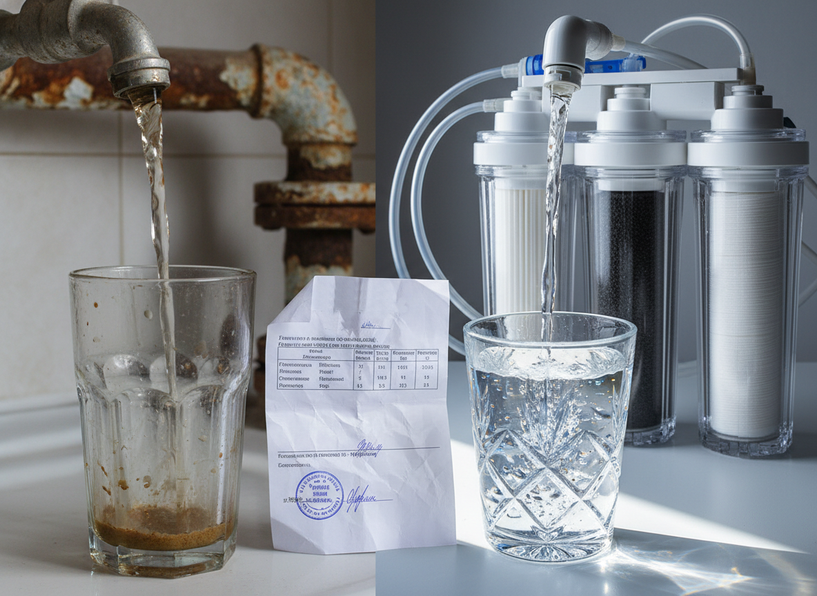 Слева — то, что течёт из крана без фильтрации. Справа — то, что получается после правильной системы очистки. Между ними — лист с анализом воды и три колбы с картриджами. Химия, физика и немного здравого смысла превращают ржавчину в хрусталь.