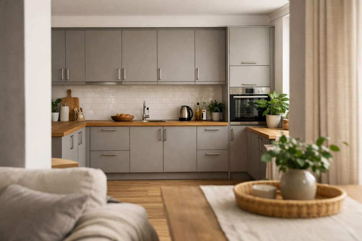 Универсальная серо-коричневая кухня в современном стиле с натуральной деревянной столешницей