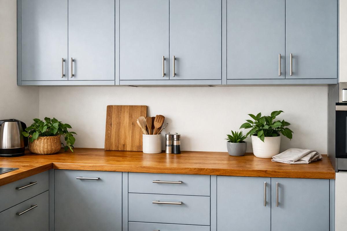 Пример конфликта холодного серого и рыжего дерева в интерьере кухни