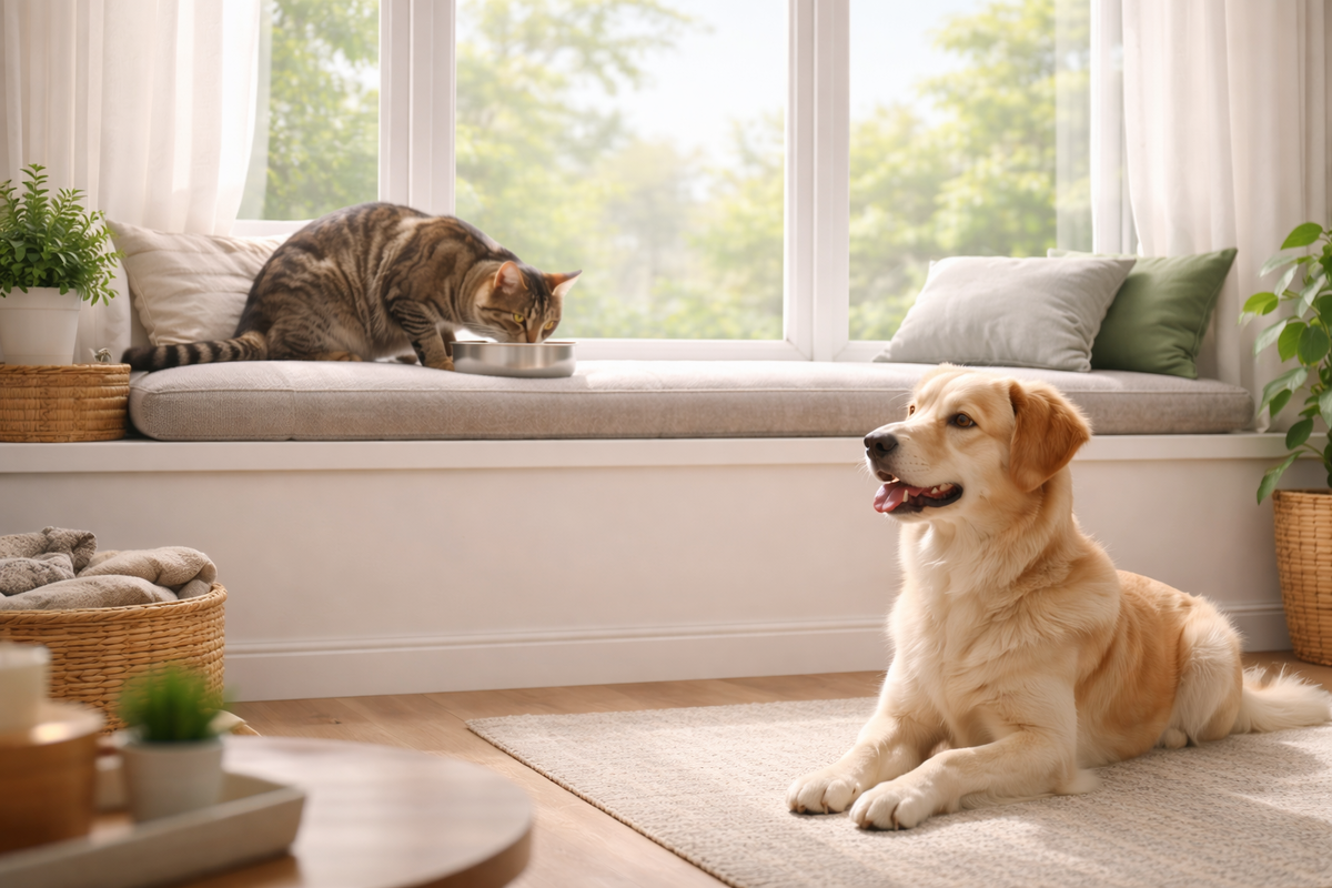 Кошачья миска на подоконнике: кот ест без суеты, пес не успевает вмешаться