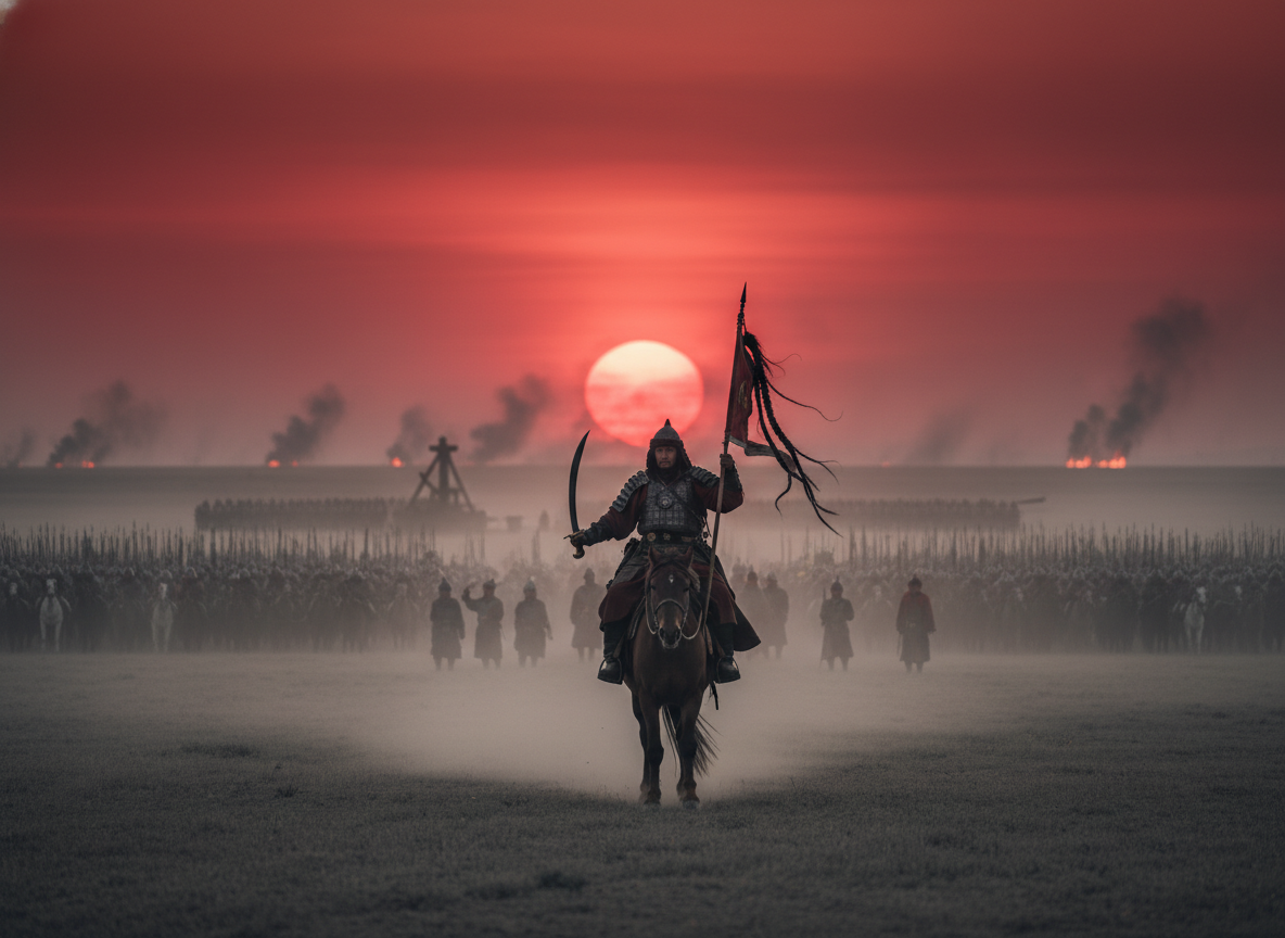 Тёмный силуэт на фоне кровавого неба — это образ, который закрепился в памяти побеждённых народов: безликая, неисчислимая орда, несущая смерть. Но всмотритесь: за всадником — геометрически правильные ряды, а на горизонте угадываются китайские осадные машины. Чингисхан победил не числом, а системой, дисциплиной и умением встраивать чужие технологии в свою военную машину.