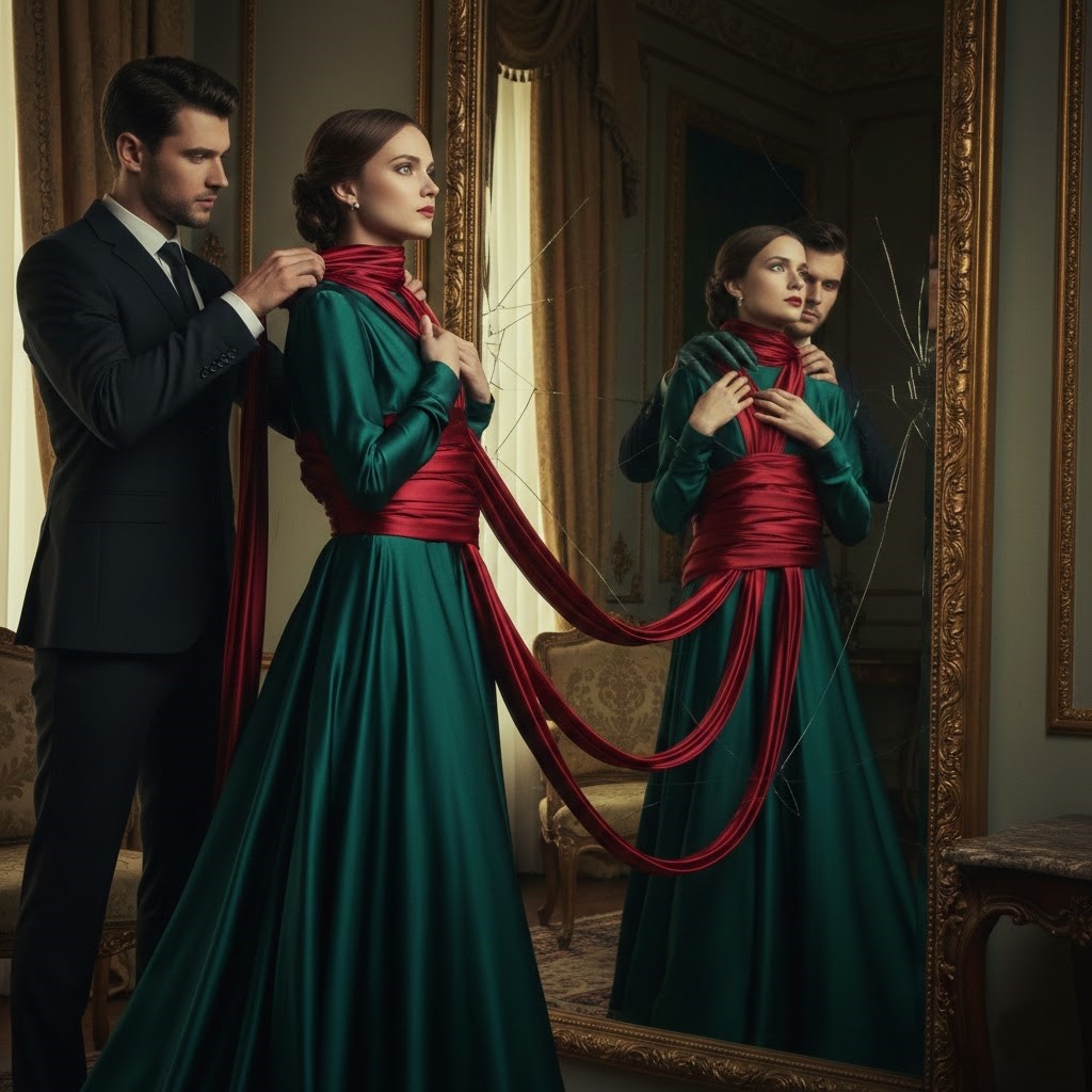 Женщина в роскошном платье стоит перед зеркалом, а мужчина поправляет ей воротник или шарф. В отражении зеркала видно, что шарф на самом деле бесконечно длинный и плотно обмотан вокруг нее, как кокон, лишая возможности пошевелиться.