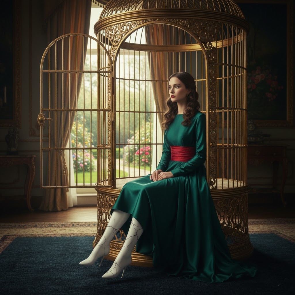  Женщина сидит в роскошной золотой клетке, дверца которой распахнута настежь. Она смотрит наружу, но боится выйти: вместо ступней у нее хрупкие фарфоровые подставки. Она просто не умеет ходить сама.