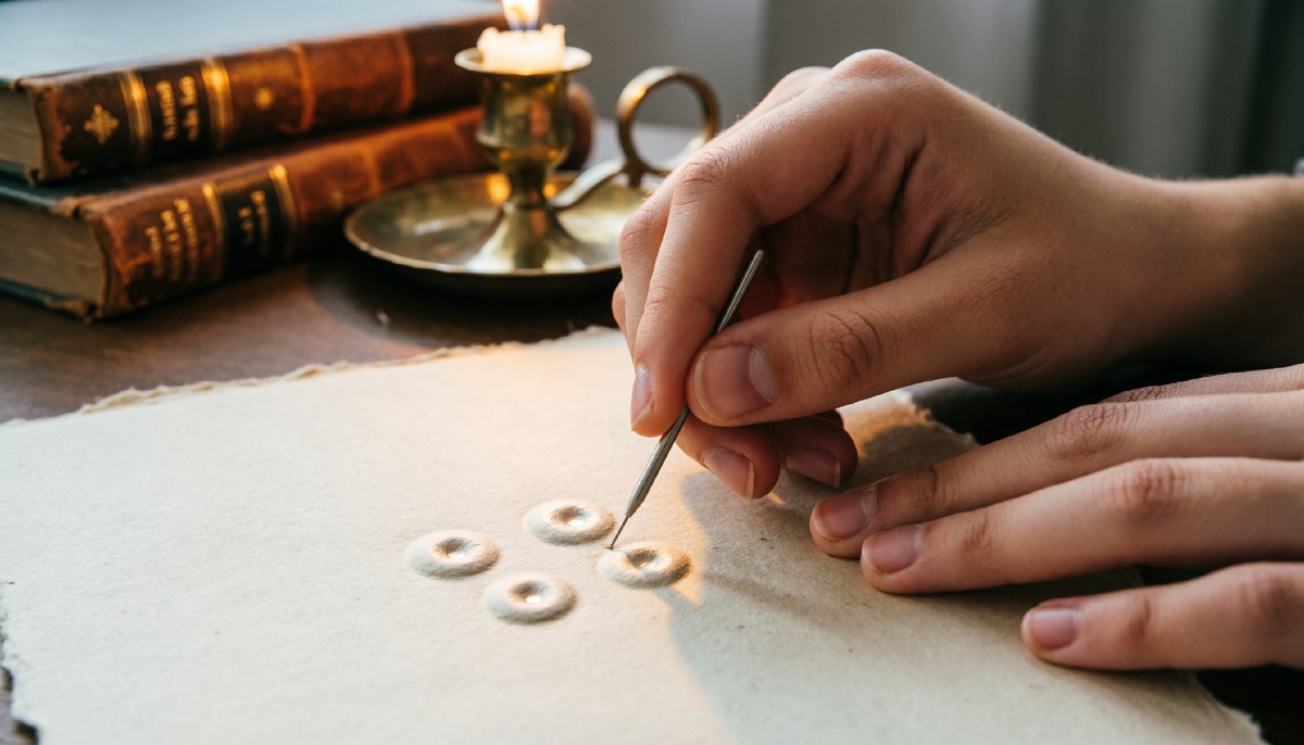 Луи сократил комбинацию до шести точек, расположив их в два столбца по три. 63 символа — хватило на буквы, цифры, ноты и математические знаки. Реконструкция Qwen