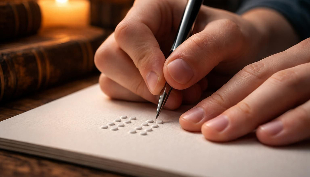 Луи сократил комбинацию до шести точек, расположив их в два столбца по три. 63 символа — хватило на буквы, цифры, ноты и математические знаки. Реконструкция Duck