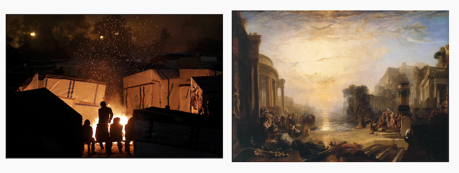    Фотография искр от костра, разведенного мигрантами в «Джунглях» в Кале, в паре с картиной Уильяма Тернера «Падение Карфагенской империиRecognition