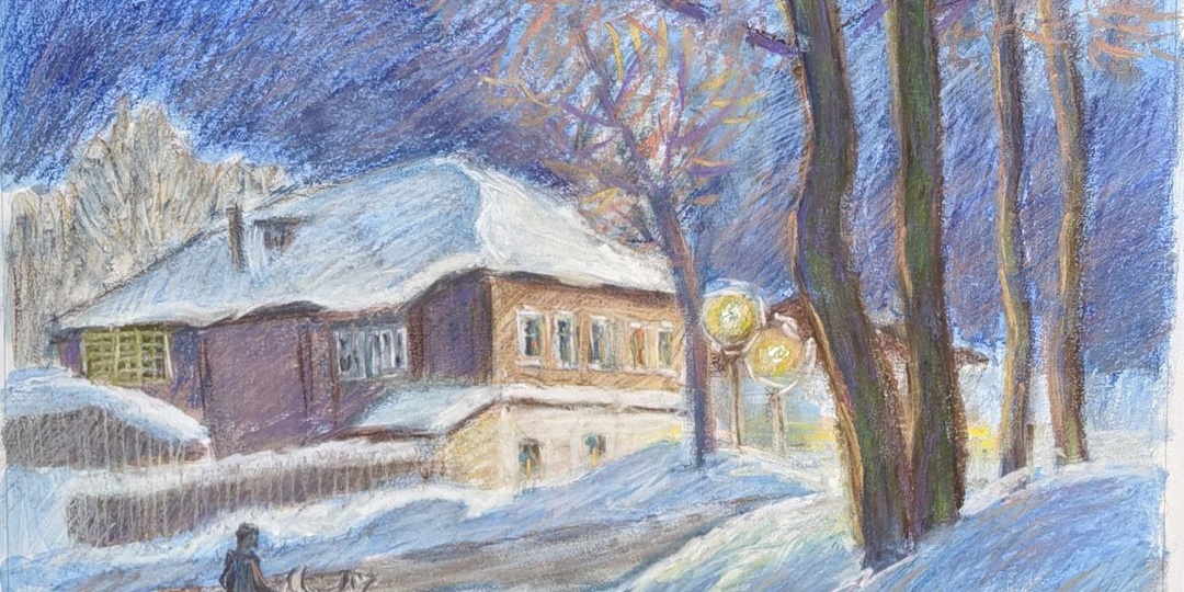 Рисую пастелью вечерний пейзаж с домиком.