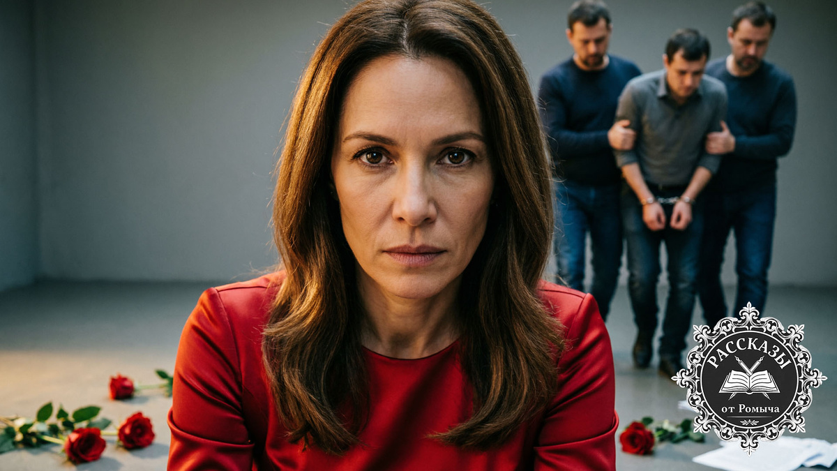 Финальная сцена разоблачения: женщина в красном платье наблюдает, как полиция уводит ее мужа после подписания фальшивого договора