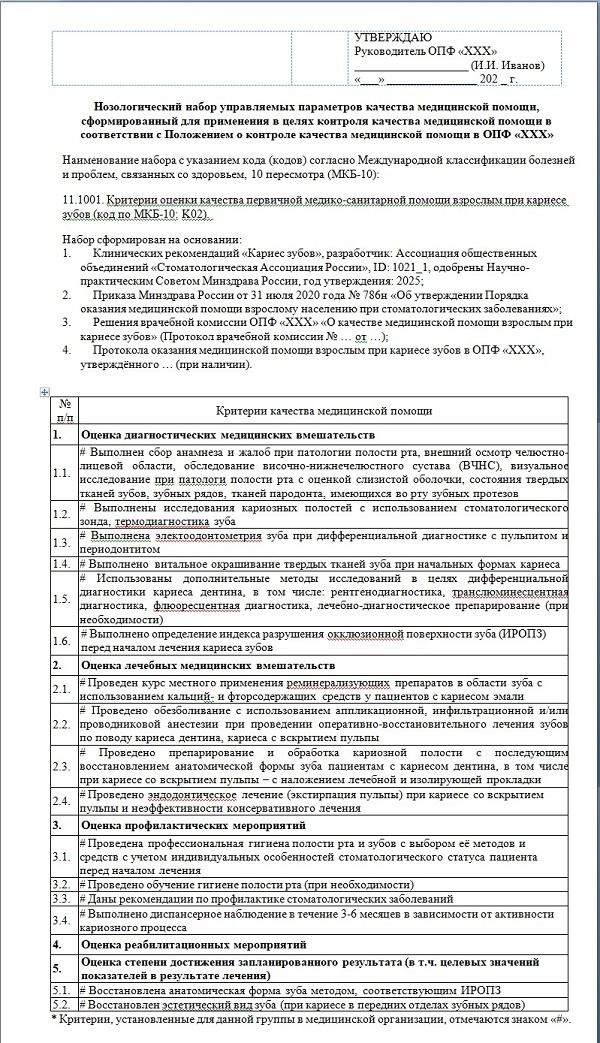 Рис.1. Пример собственного набора критериев оценки (управляемых параметров) качества медицинской помощи: п. 11.1001. Критерии оценки качества первичной медико-санитарной помощи взрослым при кариесе зубов (код по МКБ-10: K02).