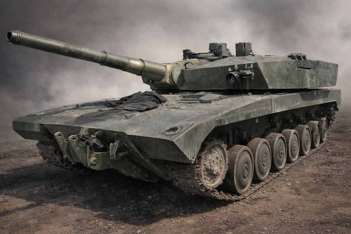 Примерно так мог выглядеть танк «Объект 14», реальных фотографий в полный размер почти нигде нет. Данное изображение сгенерировано нейросетью.