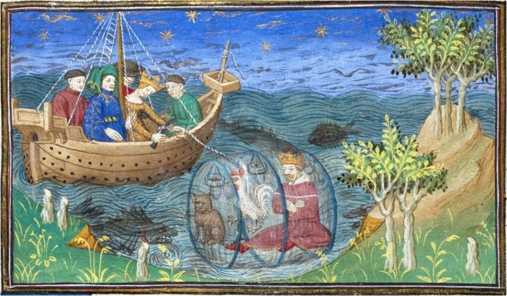 Александру и коту показывают рыбов. Иллюстрация из книги «Le Livre et le vraye hystoire du bon roy Alixandre» (1420–1425). Изображение с сайта https://www.medievalist.com/