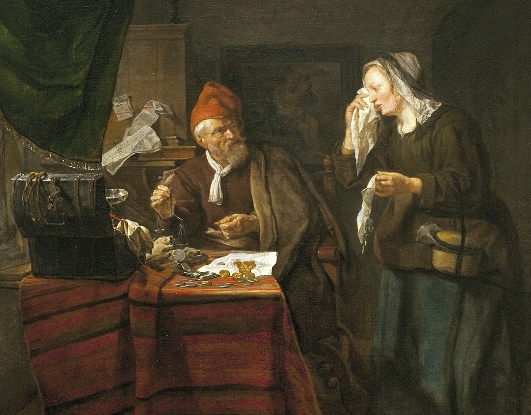     Габриэль Метсю. Ростовщик и плачущая женщина. 1654