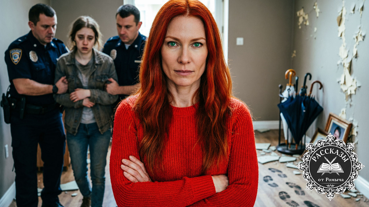 Женщина в ярко-красном свитере наблюдает за задержанием мошенников в квартире соседа