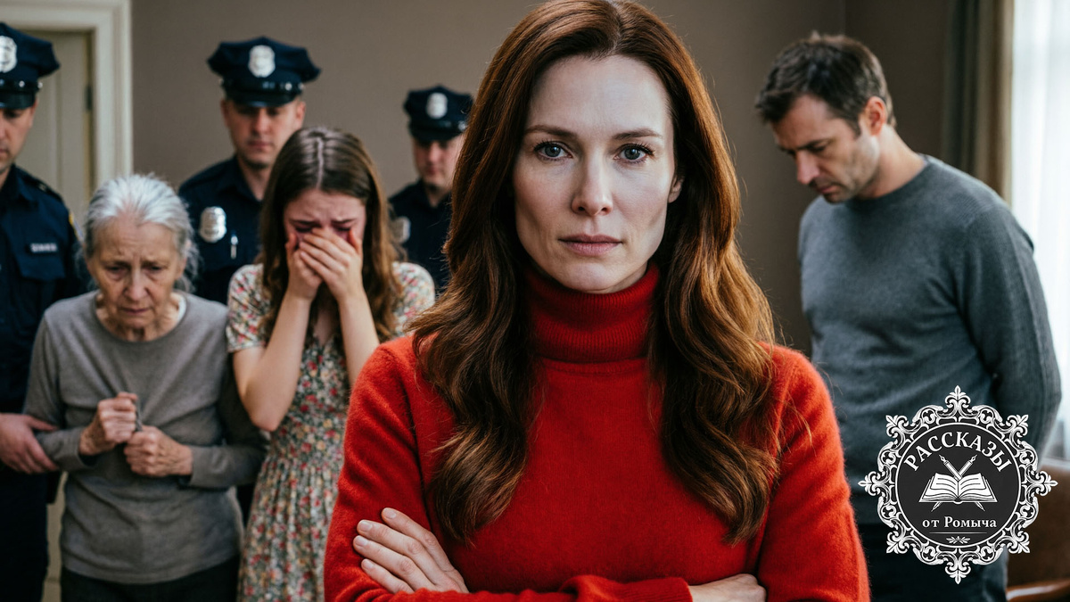 Женщина в красном свитере наблюдает за задержанием родственников-предателей в своей гостиной