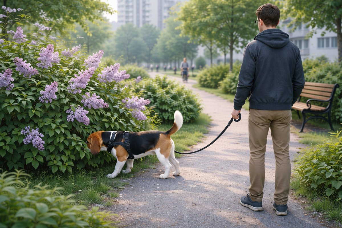 Пауза у кустика: бигль читает город носом, а хозяин терпеливо ждёт