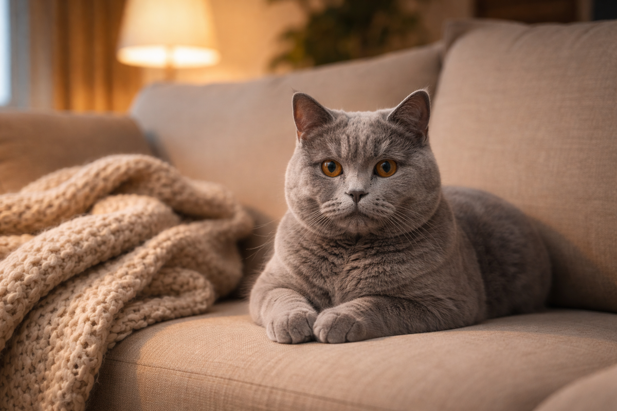Британец в тихой гостиной отдыхает и внимательно наблюдает за домашней суетой.