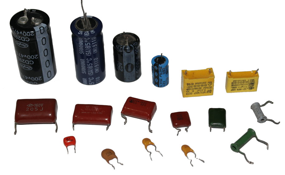 Виды конденсаторов  - электролитические,пленочные и керамические.